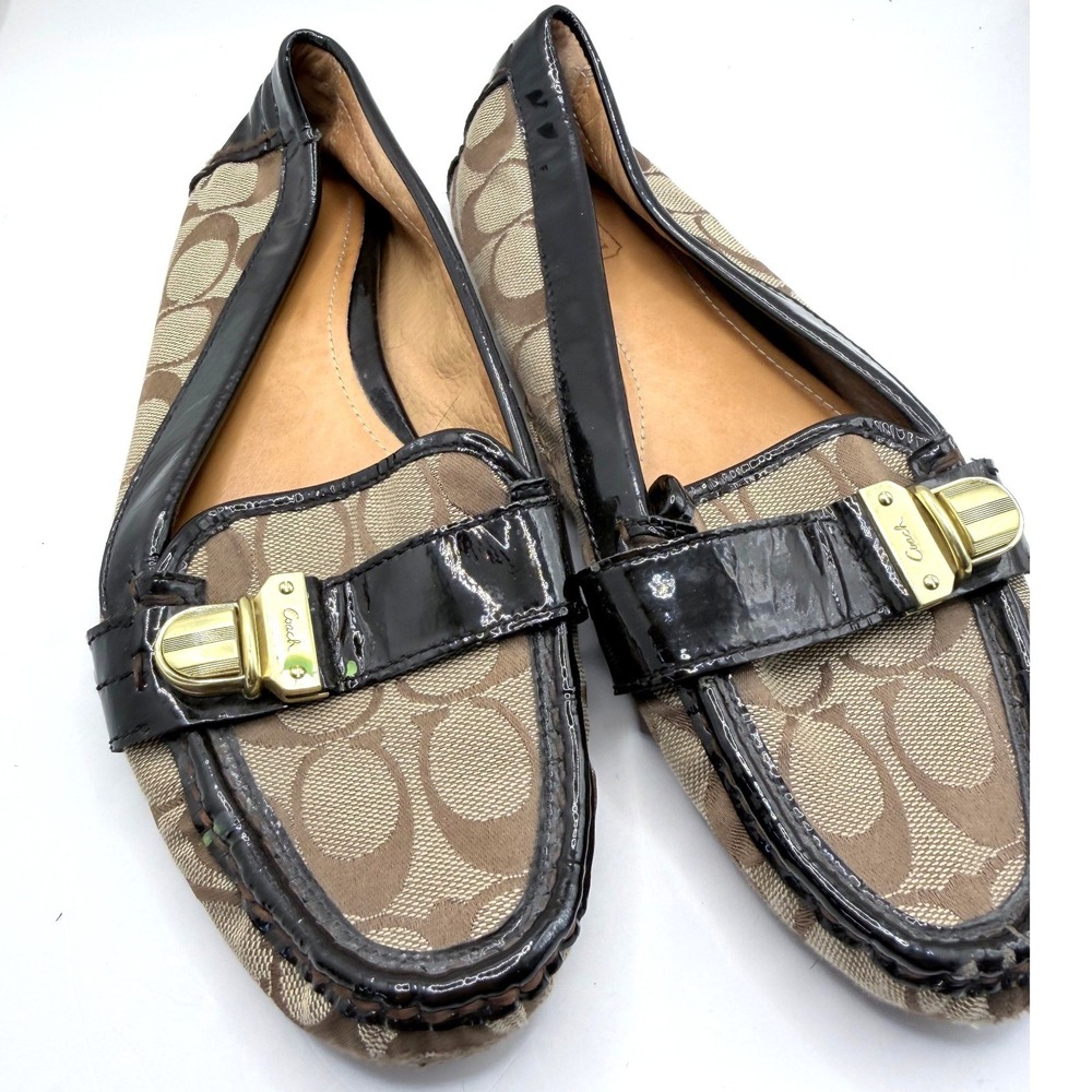 Coach Pauleen Loafers Womens 8.5 Brown Signature Canvas Patent Turnlock F2070